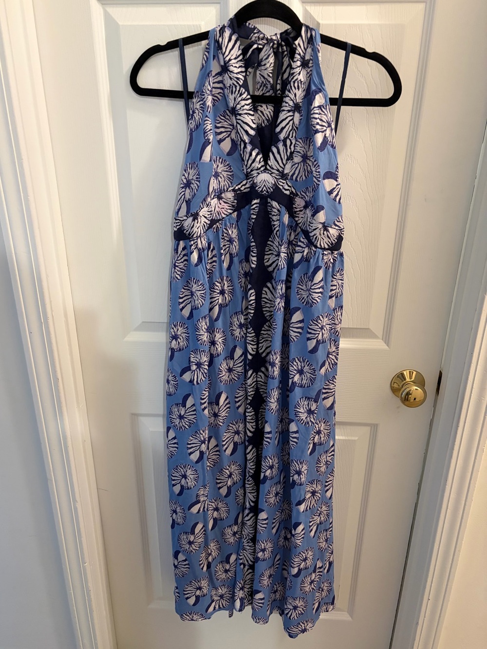 Anthropologie Blue and White Floral Halter One-Piece Dress
